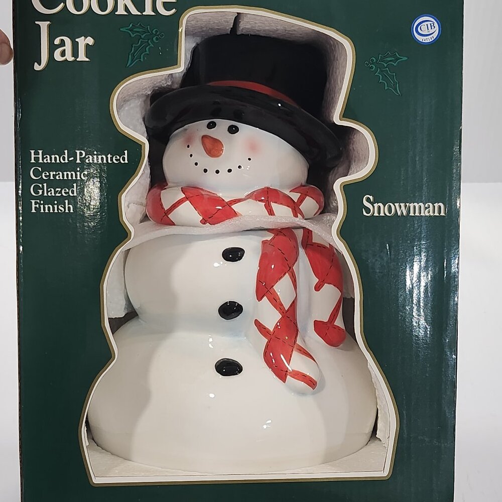 NIB  CIB Christmas Winter Cookie Jar Snowman Hand Painted Red Scarf